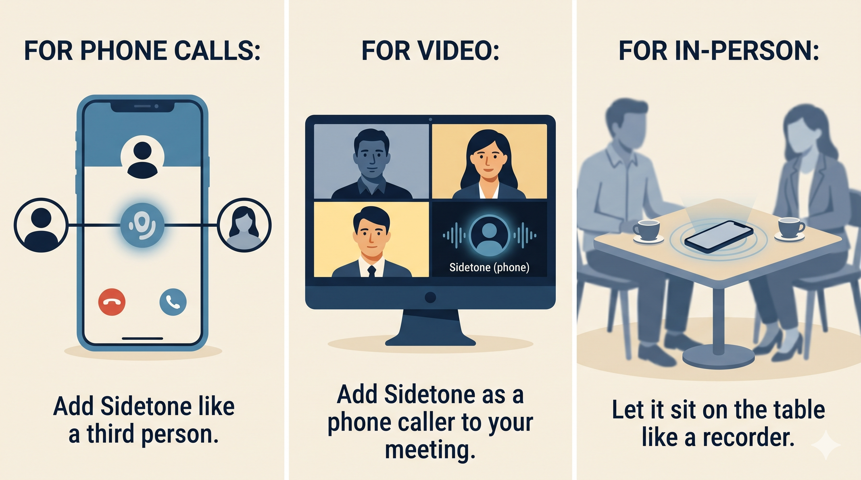 Three ways to add Sidetone: add it like a third person on phone calls, as a phone caller to video meetings, or let it sit on the table for in-person conversations.